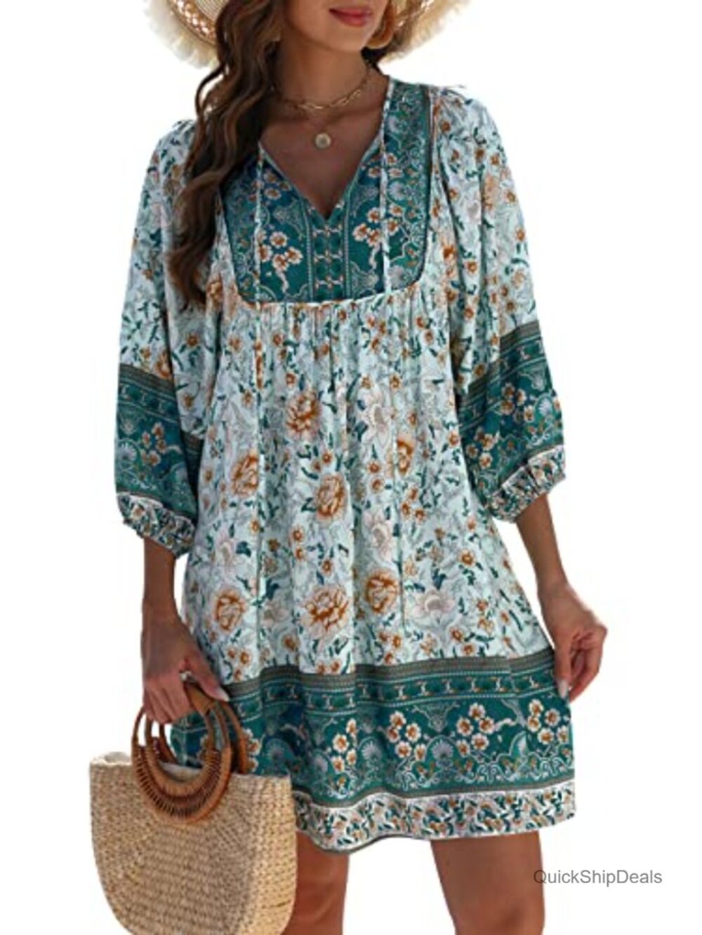 Boho Floral Print Babydoll Dress 3/4 Sleeve V-Neck A-Line Rayon